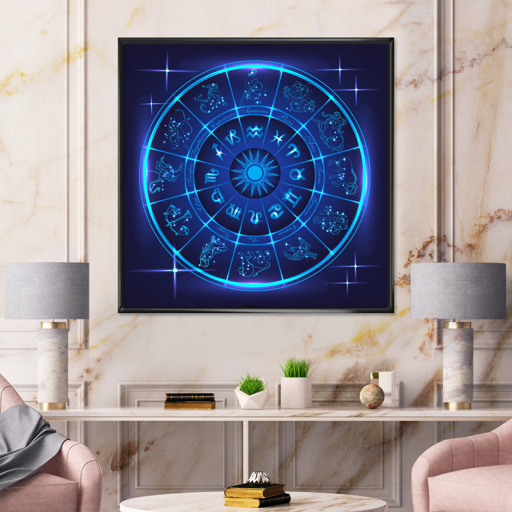 Designart 'Zodiac Signs With Neon Deep Blue Horoscope Circle' Modern Framed Canvas Wall Art Print
