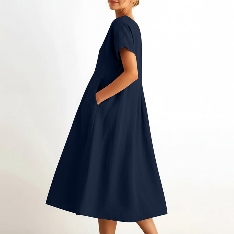 Jinhomg Cotton Linen Dresses for Women Short Sleeve Summer Midi Dress Loose Comfy Lounge House Dresses with Pockets, Women's, Size: 2XL, Blue