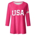 thumbnail image 4 of Rggeeun Women Shirts Solid Color U.S.A. Letter Print Crew Neck 3/4 Sleeve With Us National Flag Graphic For 4Th Of July Festive Celebration Versatile Basic Tee,Hot Pink,S, 4 of 5