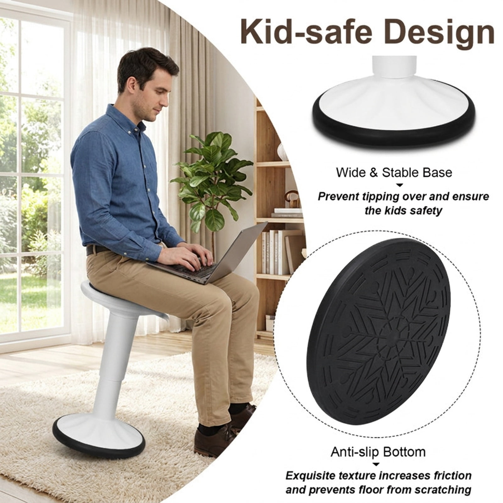 Furnibear Adjustable Active Learning Stool Sitting Home Office Wobble Chair with Cushion Seat for Home Office Study Desk Computer Task, White