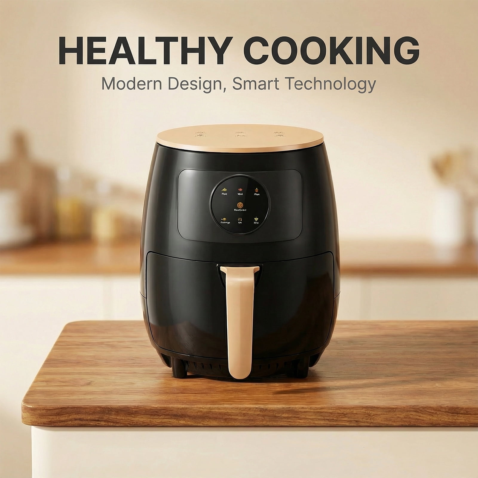 Air Fryer 5L , adjustable temperature up to 200°C, 0-60-minute timer, 7 preset menus, oil-free cooking, and 1350W power, ideal for families of 3-5 people.