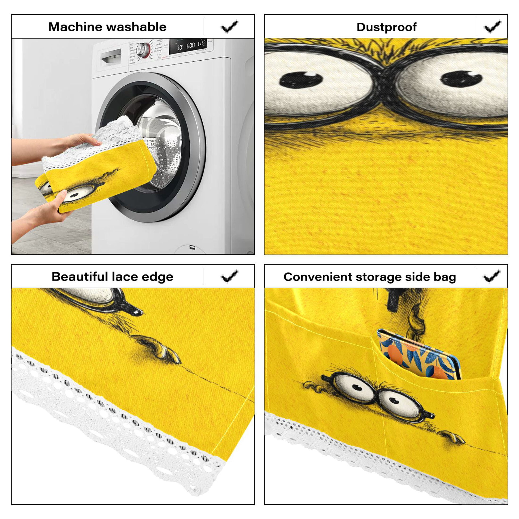 Washing Machine Cover 51.2x22in, Durable Polyester Dust Cover with Lace Trim and Side Pocket for Appliances Cartoon