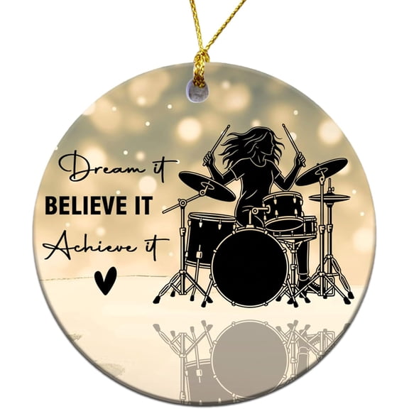 Drum Set Christmas Ornament - Printed on 2 Sides, Round Ceramic 3