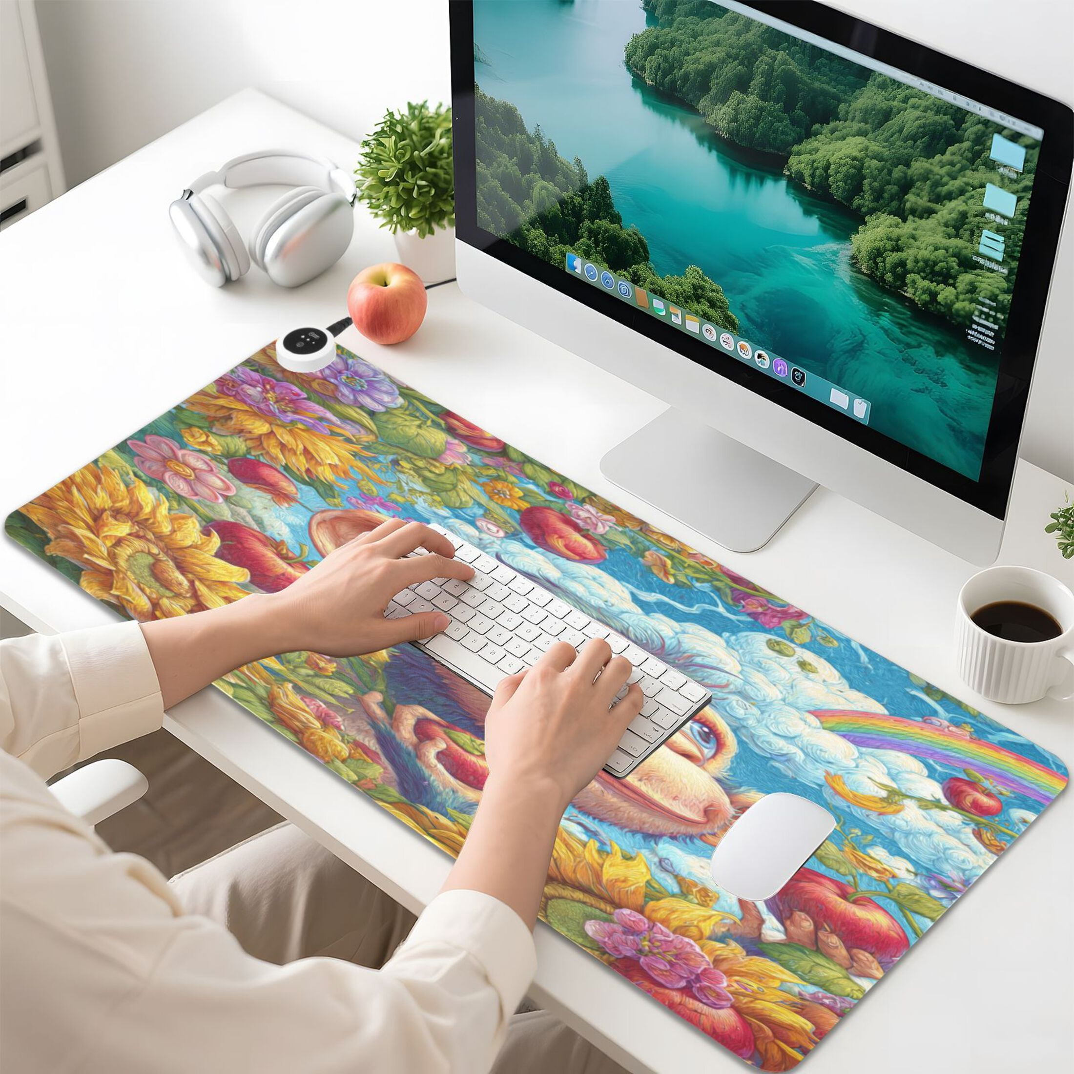 Large Heated Desk Mat Mouse Pad 31.5"x13"PU Leather Graphene Heating Desk Warmer with 3 Temperature Settings 110V US Plug Non-Slip Warm Pad for Home, Office, and Gaming Blue Monkey in The Garden