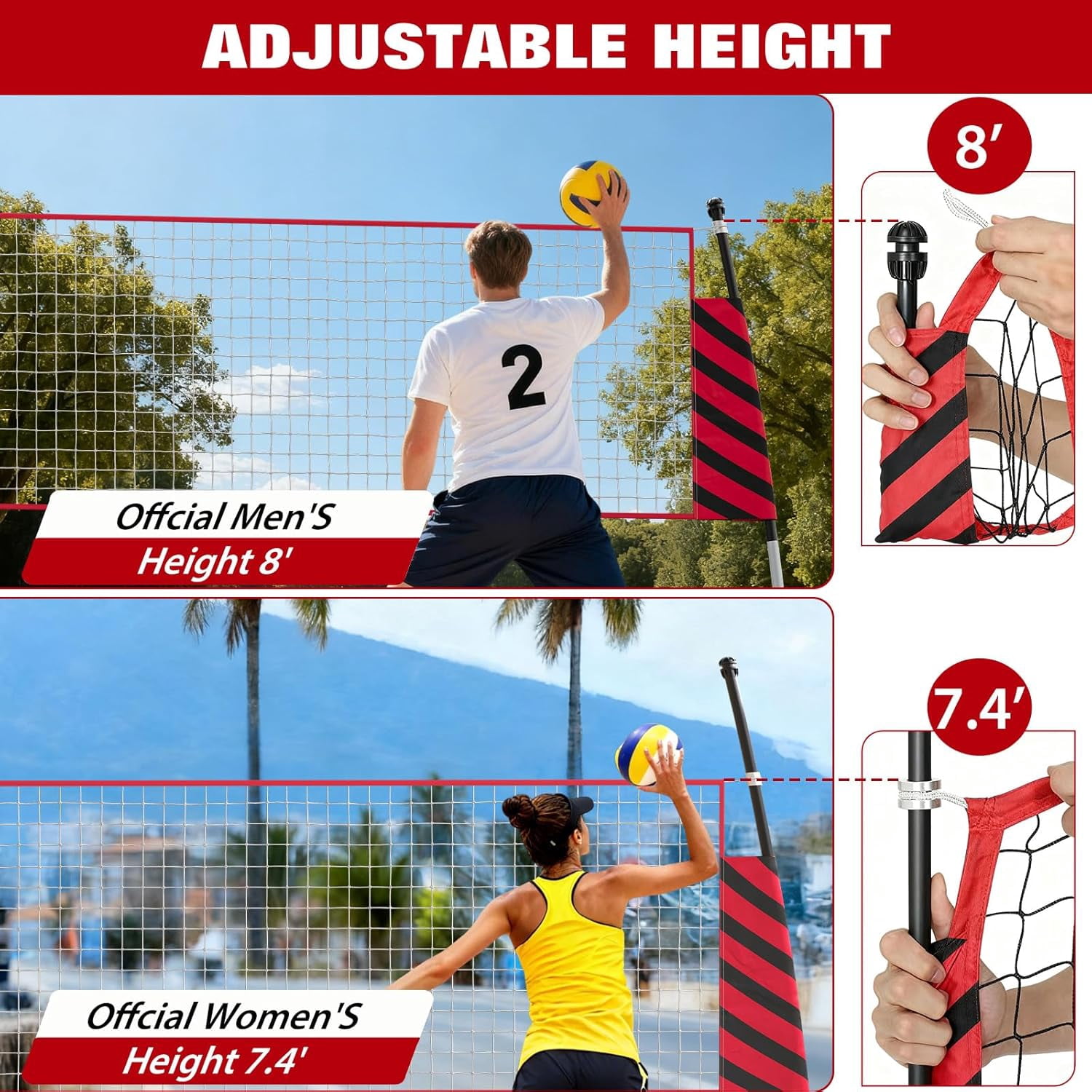 Riedhoff 12 ft Portable Volleyball Net with Stand, Height Adjustable, with Carry Bag, Red & Black