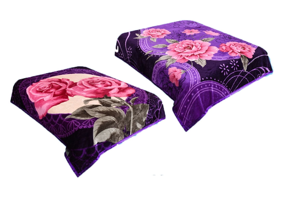 2 Ply Floral Purple Blanket Reversible Queen Size Plush Soft Mink NEW
