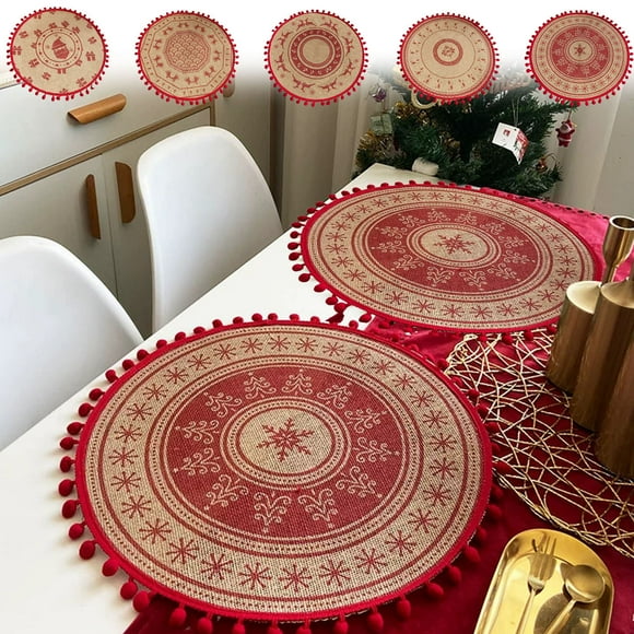 Cagogo under $5 5Pcs Christmas Placemats Round, Christmas Placemats Round Woven Mats,Snowflake Reindeer Table Mats,Festive Holiday Dining Decor,Red Christmas Table Settings