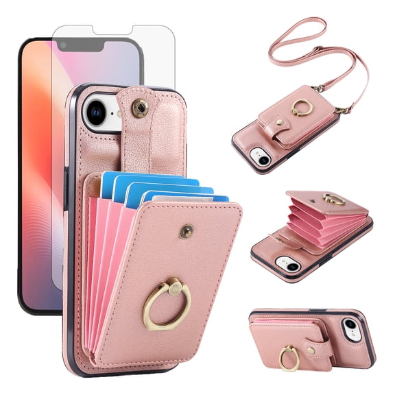 Compatible with iPhone 16e/SE 2025/SE 4 Wallet Phone Case Screen Protector Ring Crossbody Strap Stand Credit Card Holder RFID Cell Cover for i Phone16e i16e 16 e SE4 Generation Women Girls Rose Gold