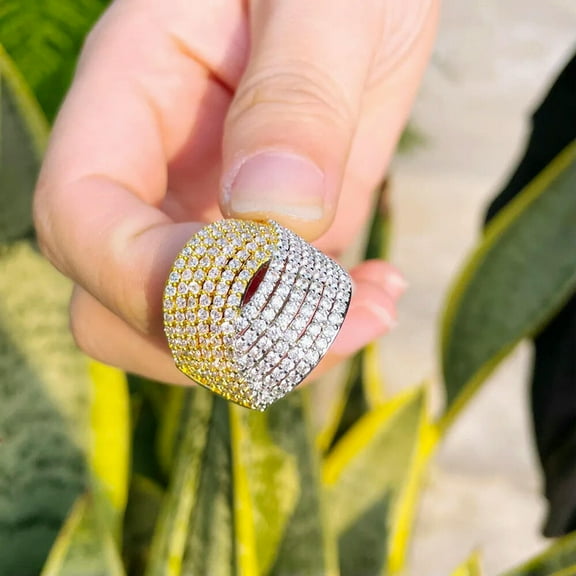 Adjustable Multi-Tone Gold Plated Cubic Zirconia CZ Big Geometric Wedding Ring