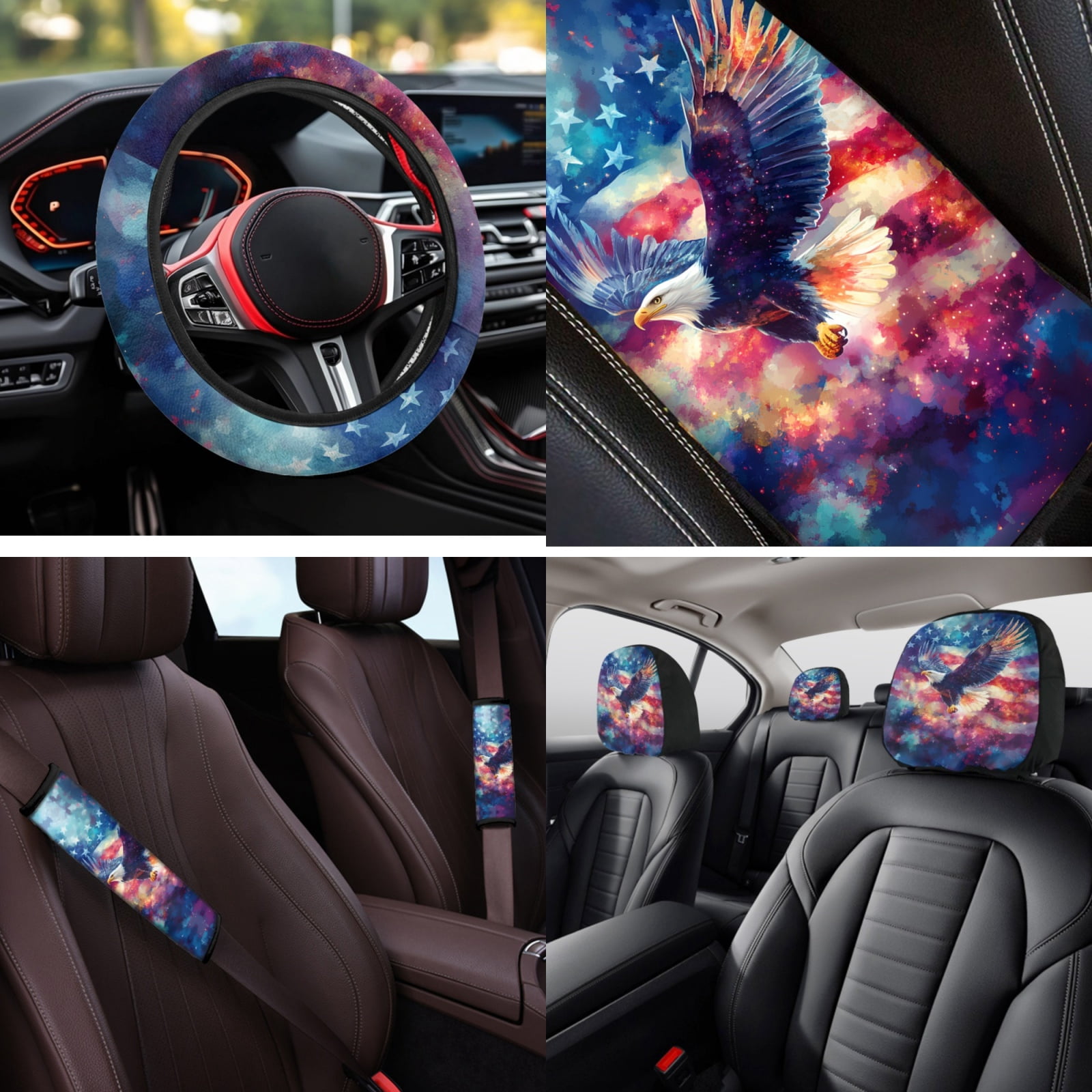 Binienty American Flag Bald Eagle Auto Seat Covers with Matching Automotive Armrest Cover Center Console Cushion Car Seat Belt Shoulder Strap Covers Keychain Vehicle Interior Decor Set​