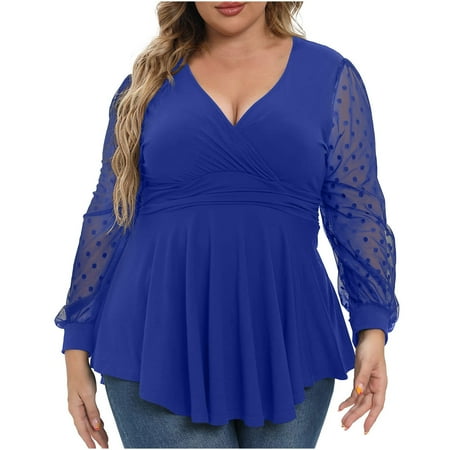 

Plus Size Tops for Women Casual Summer Solid V Neck Long Sleeve Lace Hollow Shirts Tunic Pleat Workout Tops Tee Blouse