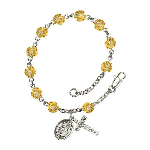 St. Aaron Silver Plate Rosary Bracelet 6mm November Yellow Fire Polished Beads Crucifix Size 5/8 x 1/4 medal charm