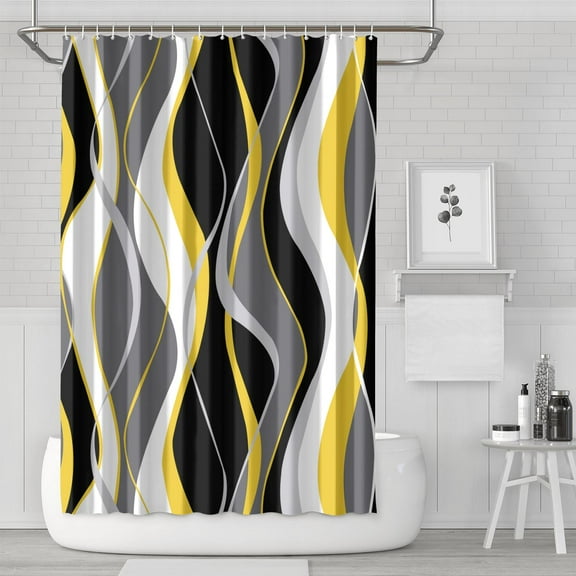 Black and Yellow Shower Curtain, Abstract Modern Grey and Yellow Bathroom Decor Accessories Shower Curtain Set with Hooks, 72x72