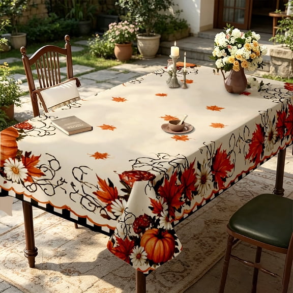 1pc Fall Pumpkin Mushroom Maple 2D Graphic Tablecloth, Kitchen Patio Holiday Table Cover, Ideal Gift for Thanksgiving Christmas Home Decoration