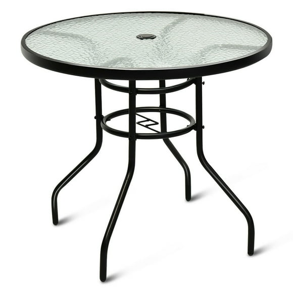 Costway 31.5'' Patio Round Table Tempered Glass Steel Frame Outdoor Pool Yard