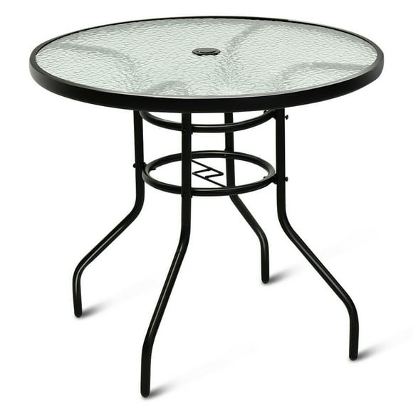 Costway 31.5'' Patio Table Ronde Trempé Verre Cadre en Acier Cour de la Piscine Extérieure