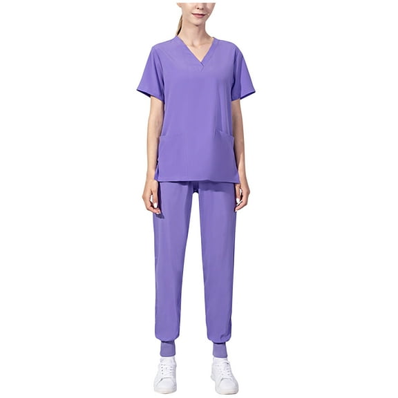 Atogsazn Women's Scrub Set Classic Short Sleeve V-Neck Top and Jogger Pants Nursing Uniform Scrubs for Women Set Purple S