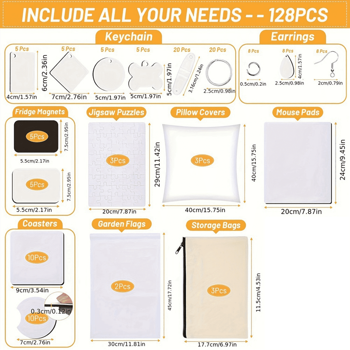 128 PCS Sublimation Blanks Products, Christmas Ornaments Crafts Kit , DIY Heat Printing Pattern Craft