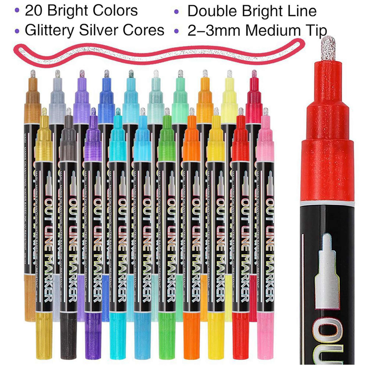 2X Shimmer Markers Doodle Outline Dazzles 20 Colors Metallic Double Line Glitter Pen Set Super Sparkle Dazzlers
