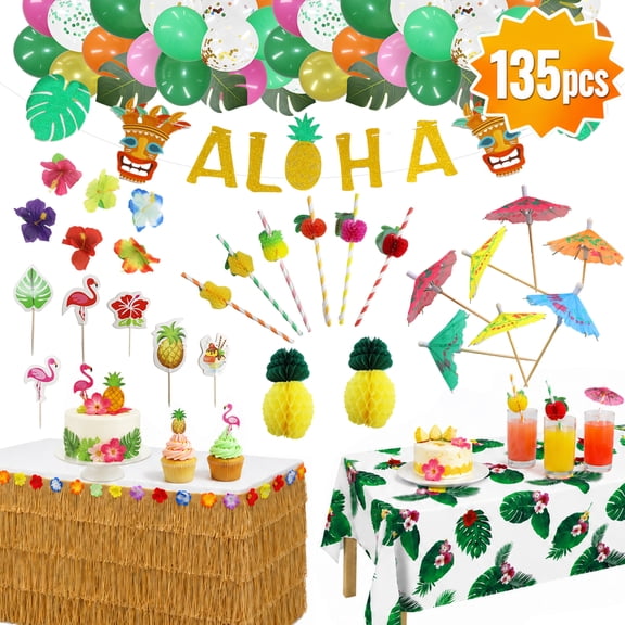 Luau Party SuppliesTropical Hawaiian Birthday Party Decoration Pineapple Decors Grass Table Skirt Beach Theme Party favors 129PCS