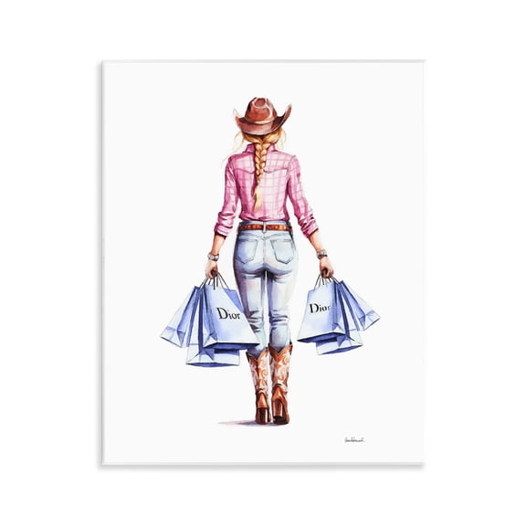 Stupell Industries Glam Cowgirl Pink Plaid People Painting Unframed Art Print Wall Art, 11 x 14