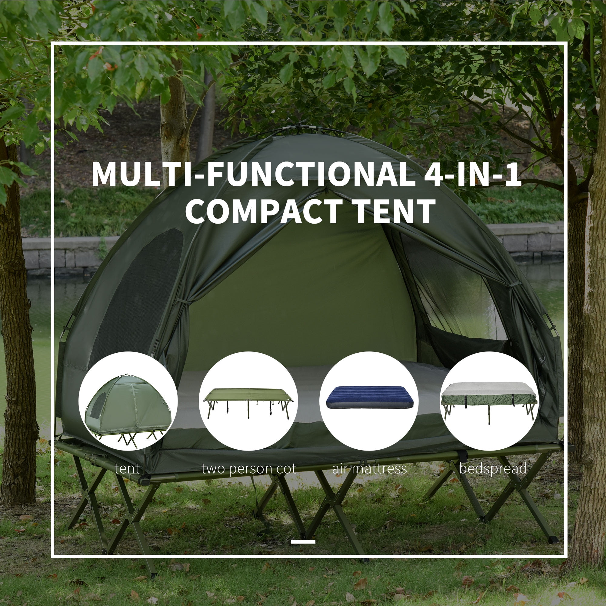 Outsunny 2-Person Camping Cot with Tent, Air Mattress, and Bedspread |  Foldable Camping Bed Combo for Outdoor Hiking, Picnic, Travel