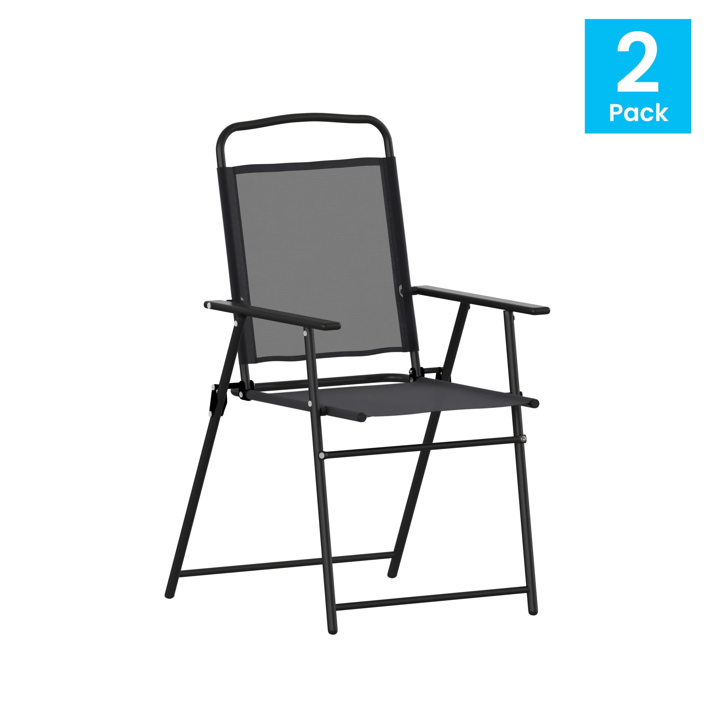 BizChair Set of 2 Folding Patio Sling Chairs, Outdoor Textilene Lawn Chairs with Armrests in Black