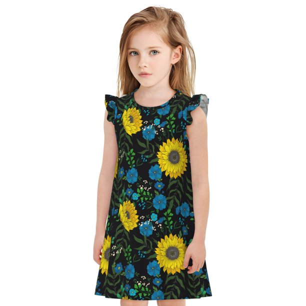 Balery Sunflowers And Blue Flower Camisón de princesa para niñas, pijama de algodón con mangas abullonadas, suave y bonito.-Large