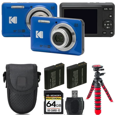 Kodak PIXPRO FZ55 Digital Camera (Blue) + Extra Battery +Tripod + Case -64GB Kit