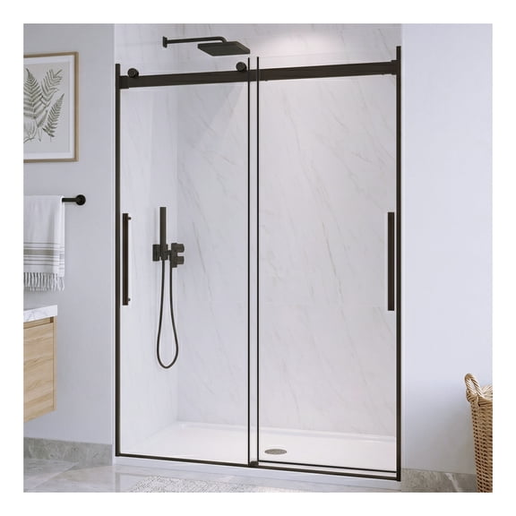 Stellar Series 51 to 54 in. x 76 in. Sliding Bypass Frameless Shower Door in Matte Black with Tsunami Guard Tempered Clear Glass