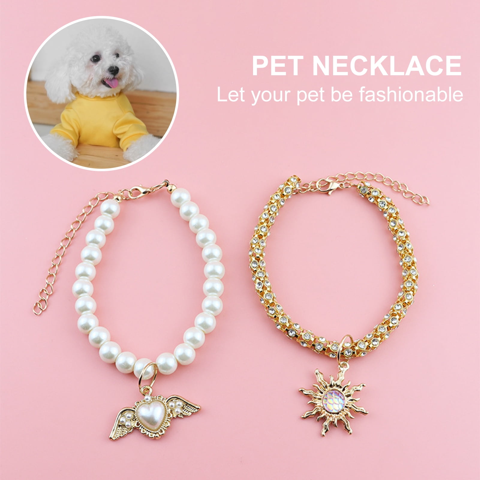 Visland Rhinestones Dog Collar and Pearl Dog Necklace Set, Adjustable