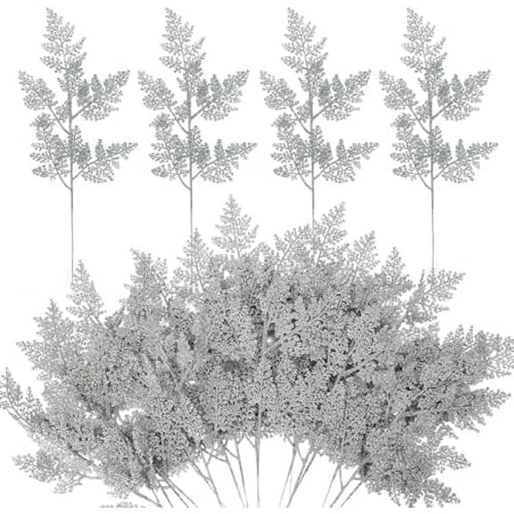 18Pcs Silver Glitter Artificial Pine Needles Stems 17.3In Faux Christmas Tree Picks Sprays Cedar Branches for Christmas Party Wreath Wedding Winter Bouquet Table Door Mantel Decor(Silver)