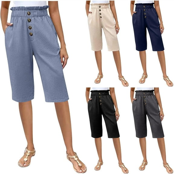 ZyeKqe Cotton Linen Knee Length Shorts for Women Smocked High Waisted Lounge Shorts Loose Fitted Summer Shorts