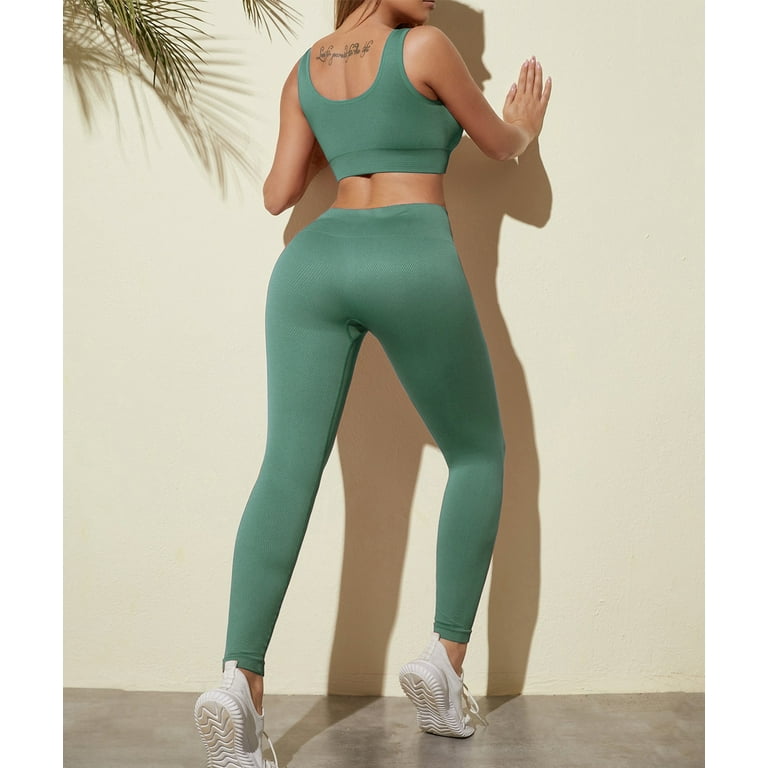 OQQ Workout Outfits for Women 2 Piece Seamless Ribbed High Waist Leggings  with Sports Bra Exercise Set…, ArmyGreen, Small : : Clothing,  Shoes & Accessories