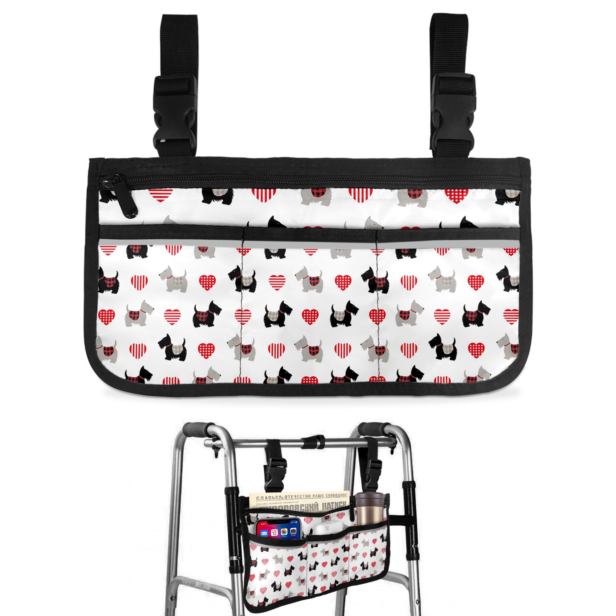 Dogs Wheelchair Side Bag with Cup Holder, Abstract Grey Black Dogs Red Stripes Dots Love Heart Wheelchair Armrest Bag Storage Pouch Adults, Seniors for Walkers, Rollator, Scooter