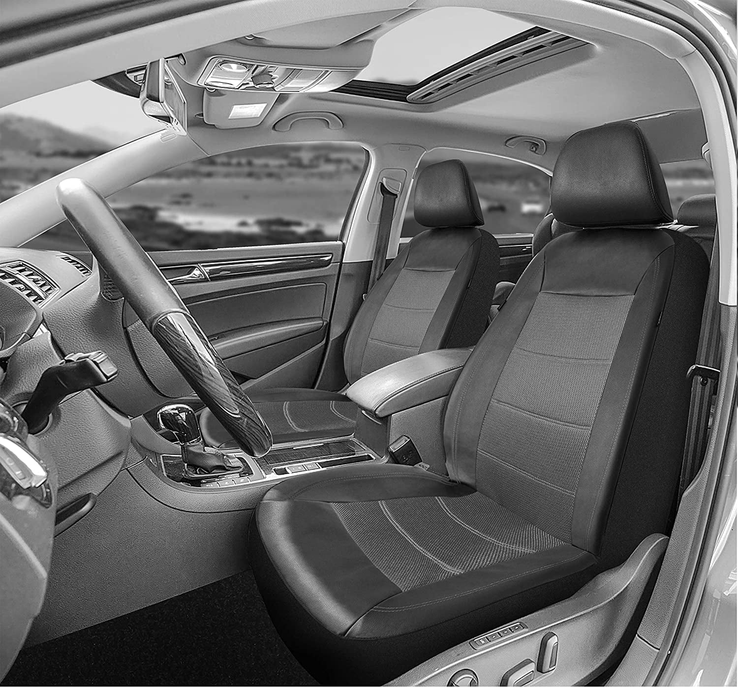 PIC AUTO Mesh and Leather Car Seat Covers Full Set Universal Fit 9 Pieces (Gray)