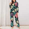 thumbnail image 3 of Kll Green Tropical Leaves Print Women'S Long Sleeve Pajamas With Pants Sleepwear Loungewear 2 Set-Medium, 3 of 9