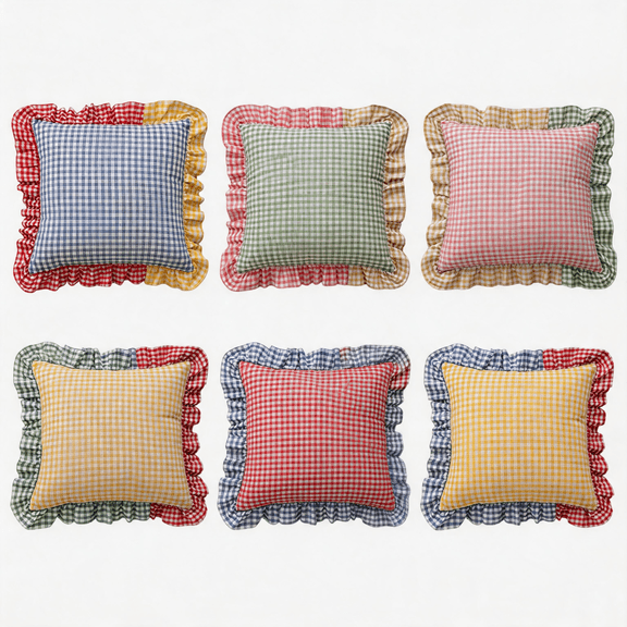 Kdkad 17.7 In Throw Pillows, Ruffle Gingham Pillow Covers with Pillow Inserts, Cute Sweet Three-tone Decorative Cushion for Bedroom Living Room Sofa Couch, Warm and Cozy Room Decor, Gifts for Woman