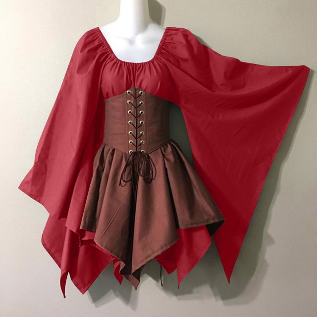 FcBaudy Robe Mi-Mollet à Manches Longues et Col Rond, Robes d'Été pour Femmes, Costumes pour Femmes, Robes Corset Gothiques à Manches Longues, Robe Mi-Mollet à Manches Longues et Col Rond pour Femmes