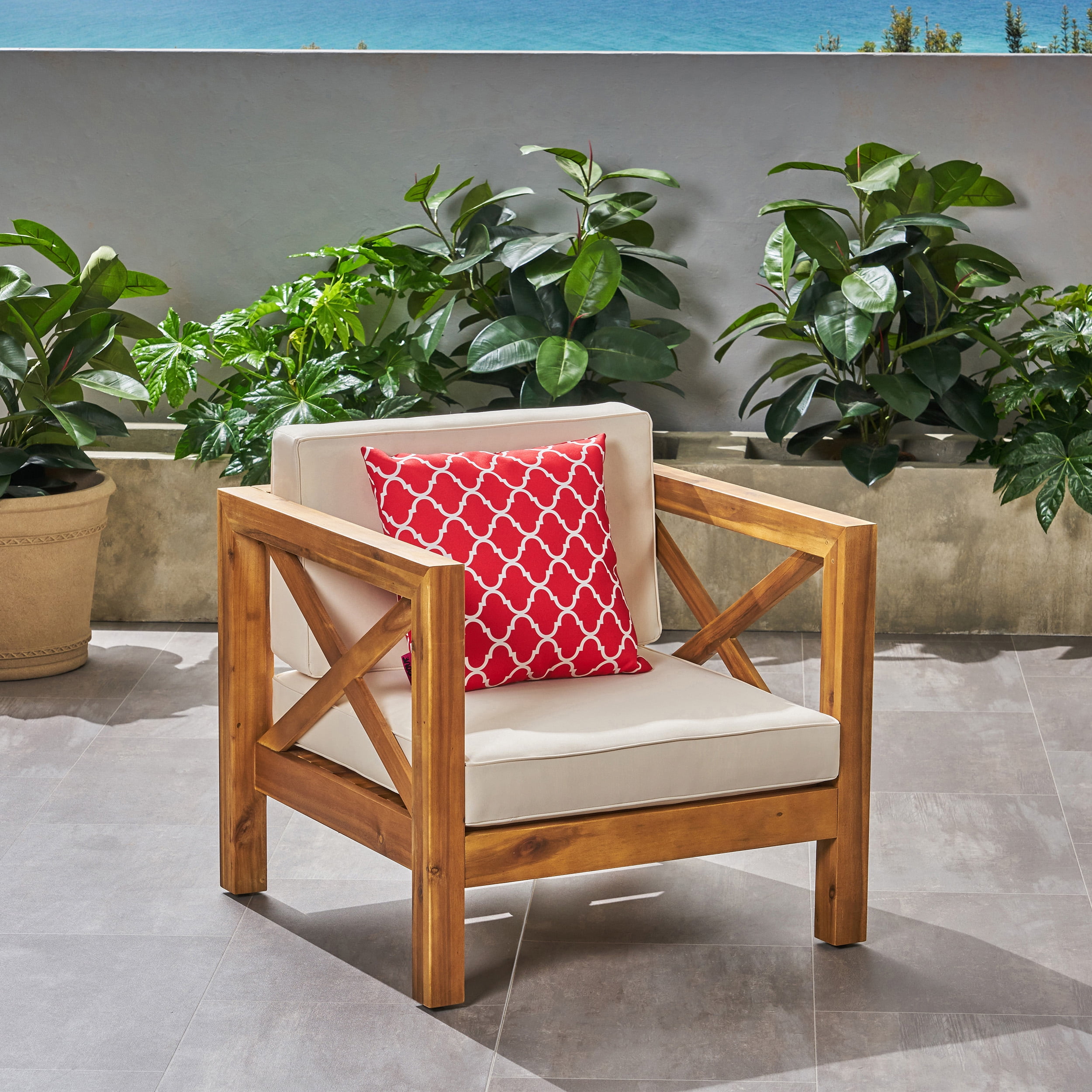 Outdoor Single Leisure Seat Chair, Acacia Wood Frame Relaxing Seat for Patio Garden, Teak and Beige