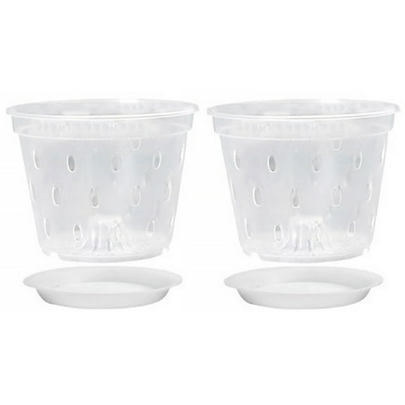 Wharick 2Pcs Transparent Orchid Pots with Holes, Clear Orchid Pot Plastic Orchid Pots with Trays for Outdoor and Indoor Use