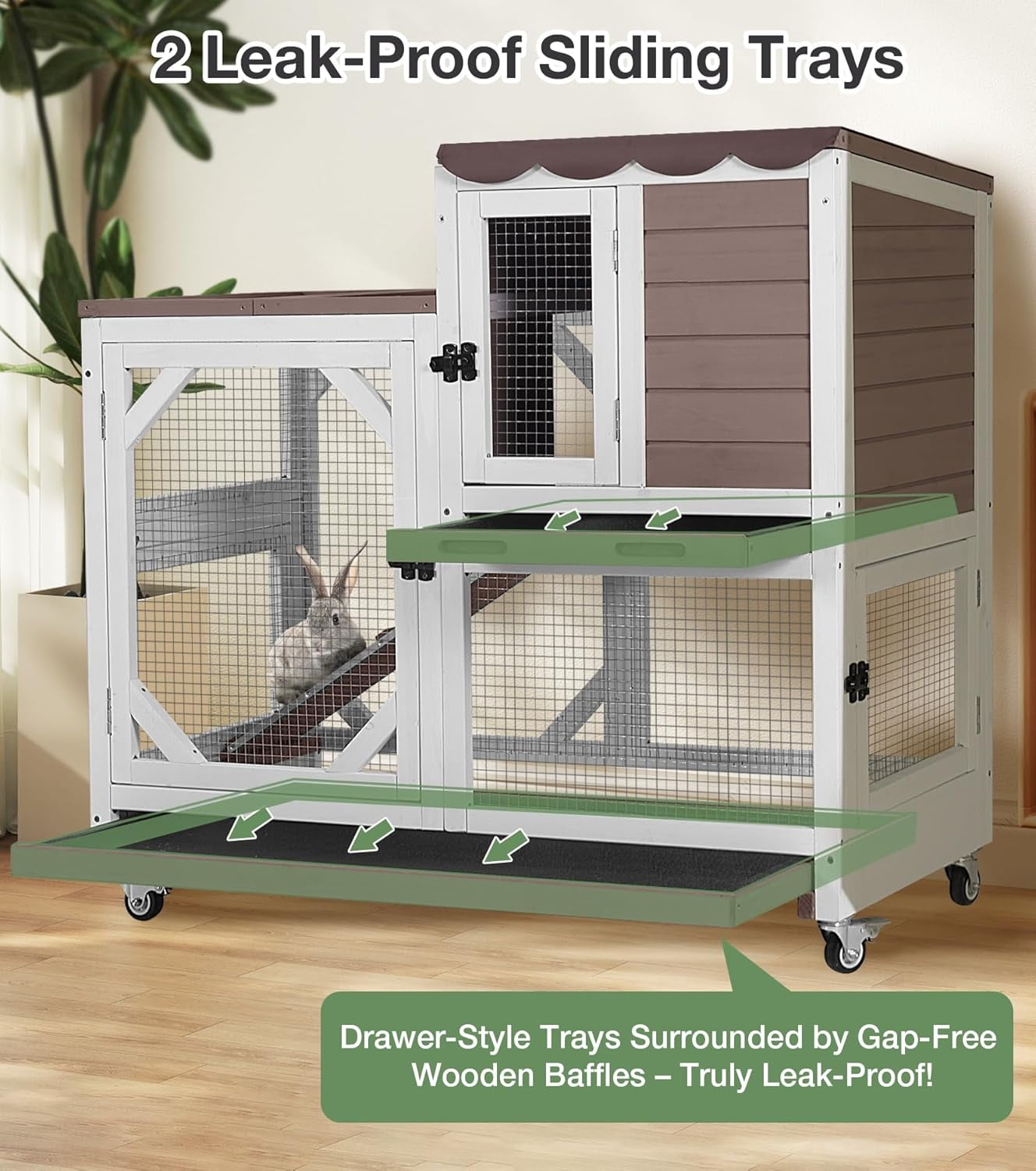 MEDEHOO Rabbit Hutch 2-Story Wooden Bunny Cage with 2 Leak-Proof Sliding Trays, Chew-Proof Metal Mesh, Rainproof Cover, Indoor & Outdoor Guinea Pig House with Wheels - Brown