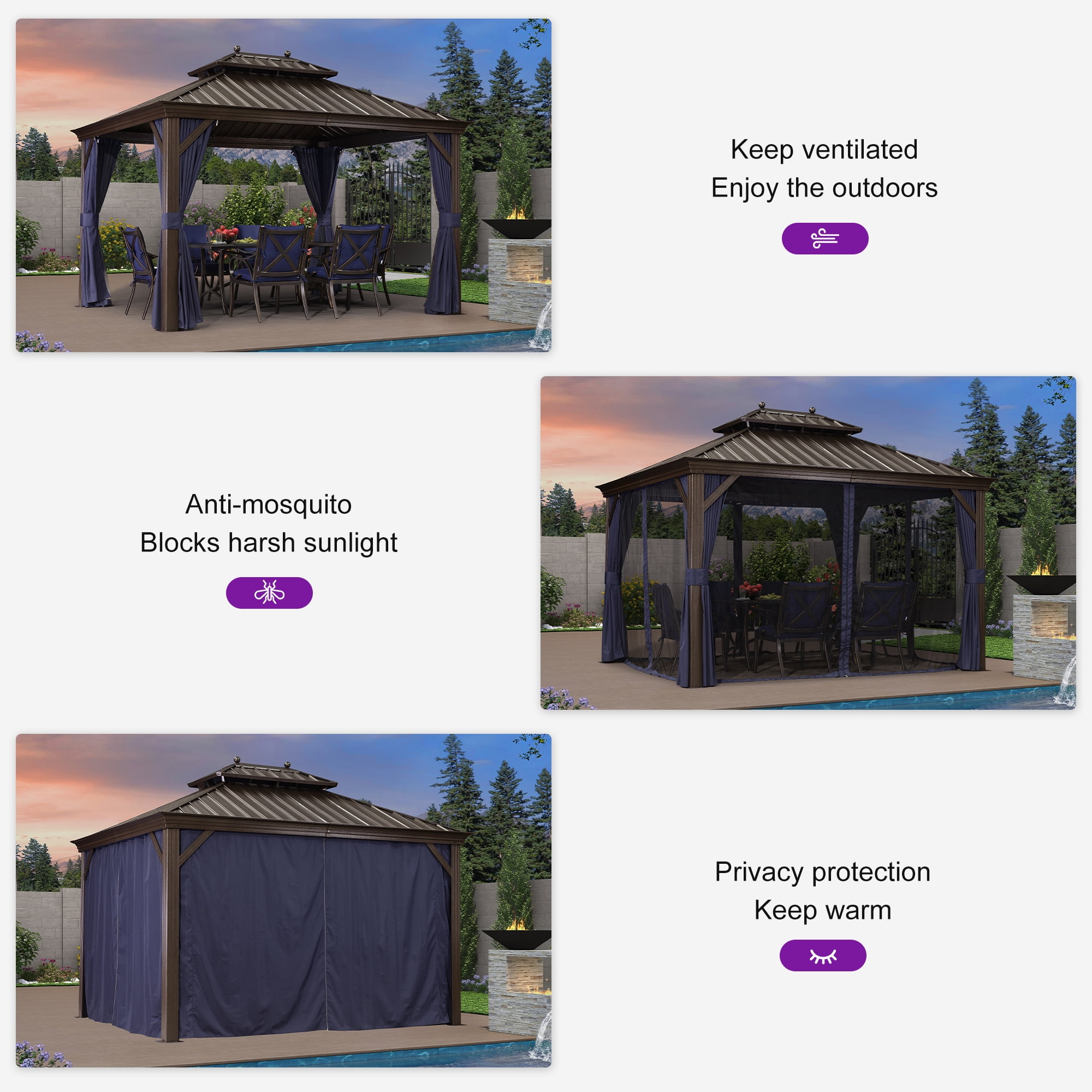 PURPLE LEAF 10' x 12' Hardtop Gazebo Galvanized Steel Roof Aluminum Frame Metal Gazebo Sun Shade Tent Outdoor Patio Permanent Pavilion with Curtains and Netting, Navy Blue