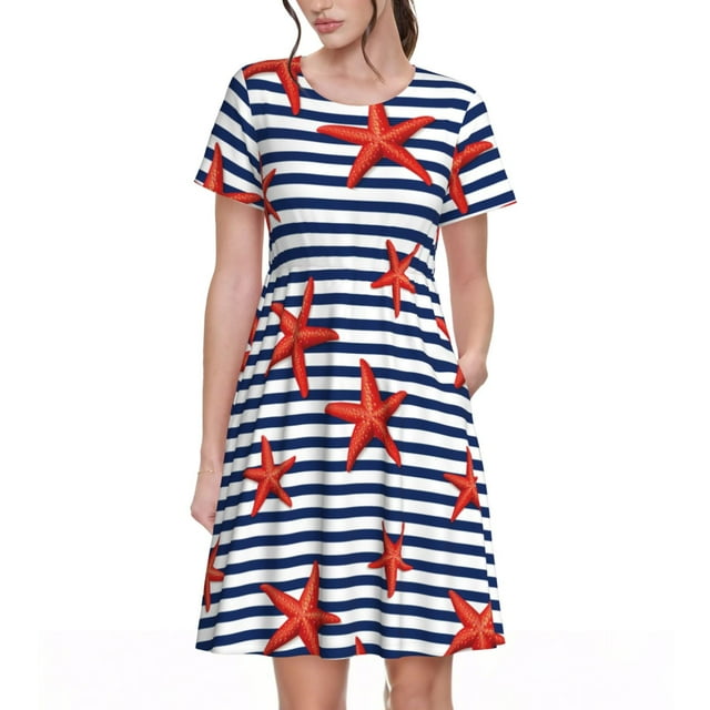Fotbe Starfish Navy Blue Stripe Vestido Largo de Moda para Mujer, Vestido Tipo Camiseta con Manga Corta y Estilo Casual a Rayas y Bloques de Color