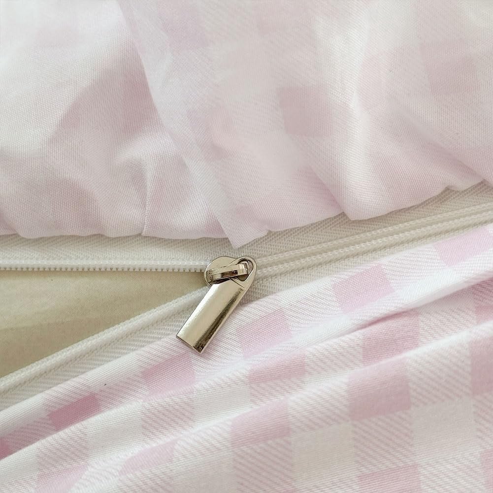 Pink Gingham Ruffle Duvet Cover King Size, 3 Pieces Soft Pre-Washed Microfiber Checked Plaid Comforter Cover Set, Vintage Farmhouse Bedding Set(Pink Gingham, King 104"x90")