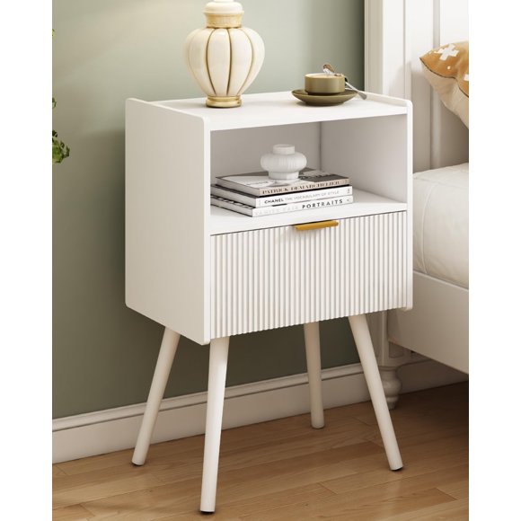 White Nightstand Modern Bedside Table Storage Drawer Open Wood Shelf End Table Side Table Living Room Bedroom Furniture Small Space Organizer Home Bedroom Decor Compact Storage Shelf Night Stand