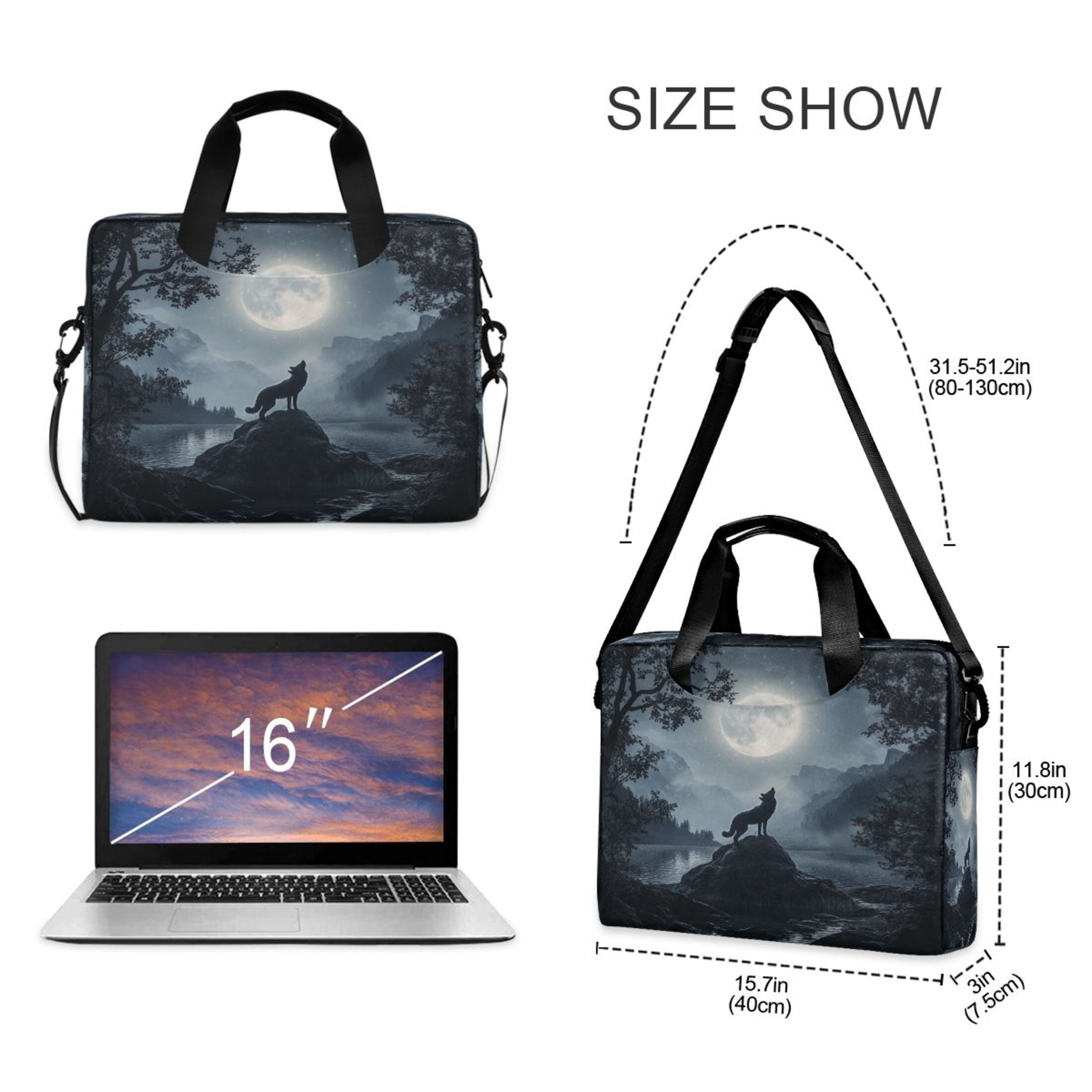 16" Laptop Tote Bag Laptop Sleeve Case Computer Briefcase for Work & Travel Wolf Howling at The Moon