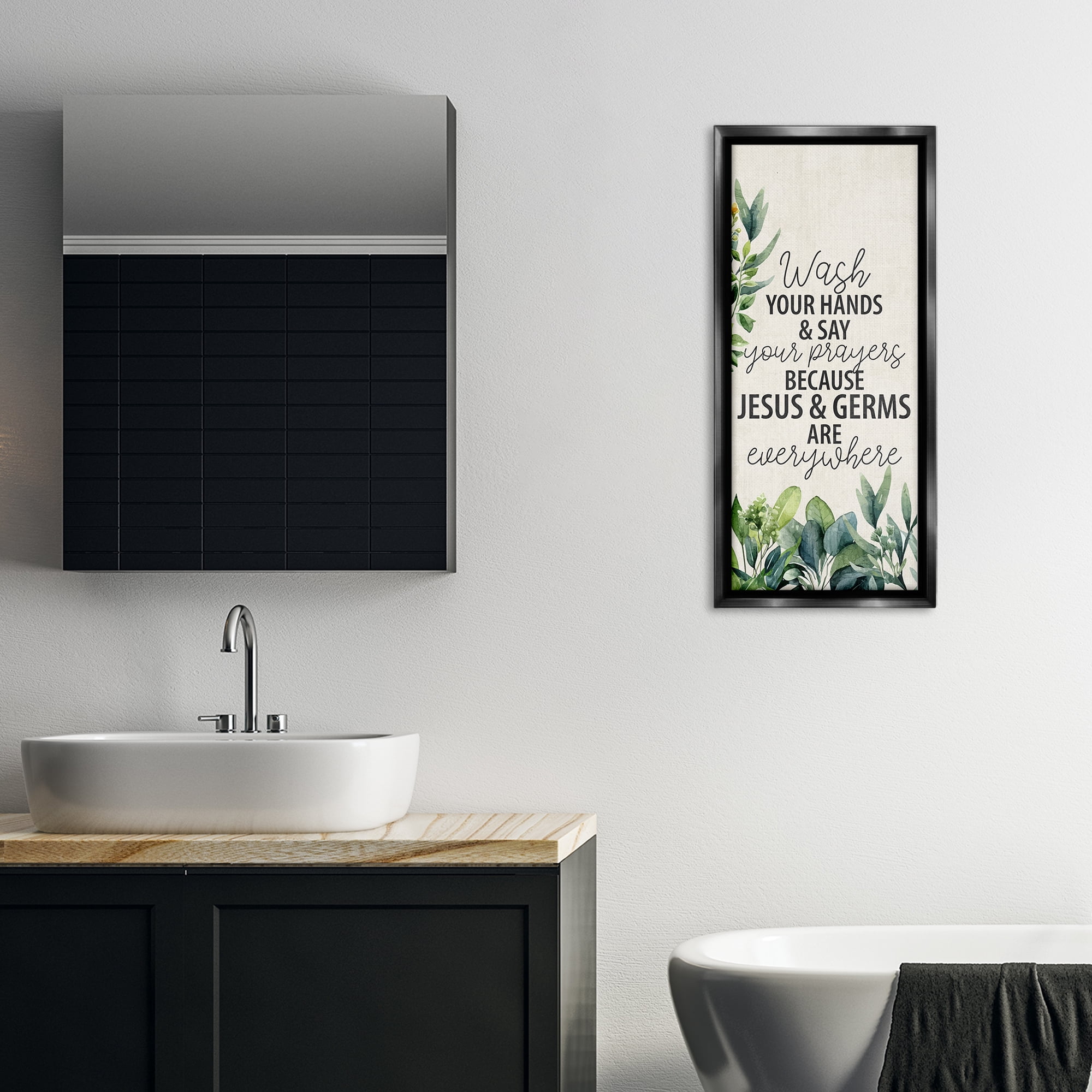 Stupell Industries Jesus & Germs Hygiene Bath & Laundry Painting Black Floater Framed Canvas Art Print Wall Art, 14 x 31