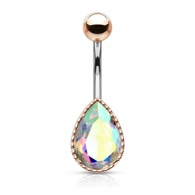 Belly Button Ring with AB Effect Tear Drop Glass Stone 14ga Surgical Steel Sold