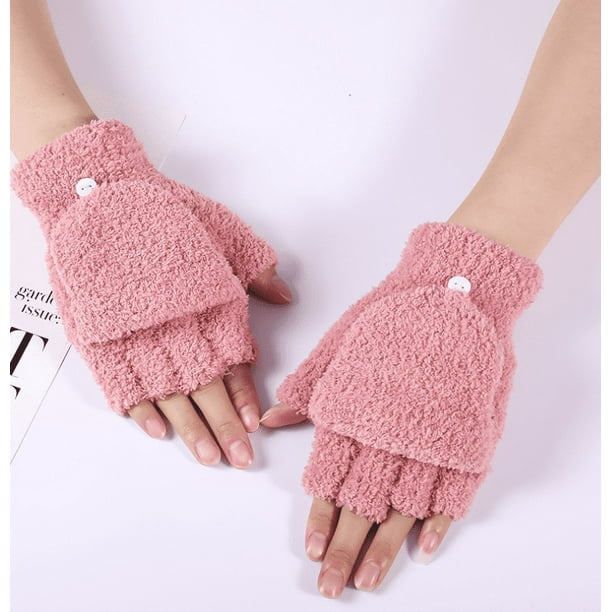 1 par de guantes de terciopelo coral de medio dedo, guantes de punto convertibles sin dedos, mitones gruesos, elásticos y cálidos para invierno en tamaño común para mujeres y hombres